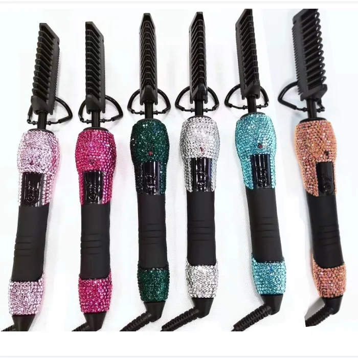 Amazon Factory Price Custom Flat Iron Box Diamond Electric Rhinestone Bling Hot Tools Hot Comb Gold Hair Straightener Gift Set