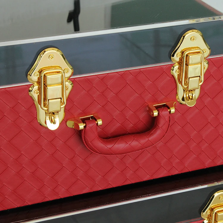 Red leather wooden trunk set of 3 storage trunks with acrylic lid