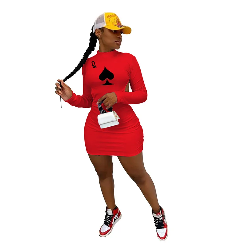 
Fall Letter Q Poker Spades Pattern Long Sleeve Halter Sexy Nightclub Dress Half High Collar Middle Dress 