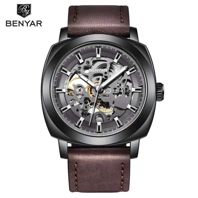 Benyar Watch 5121 Hot Sell Popular Men Hour Costume Genuine Leather Band square Analog Display Vintage Casual Reloj