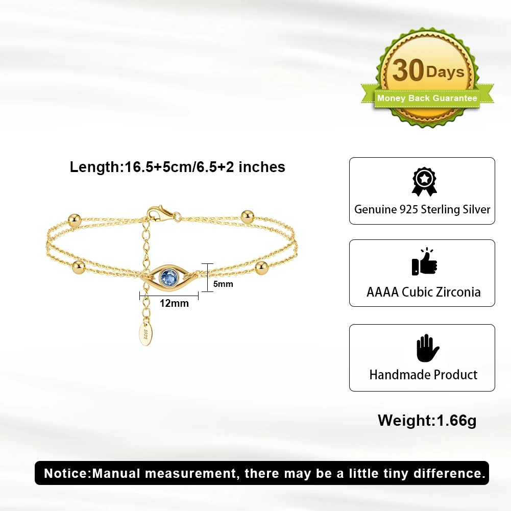 BAPB04 RINNTIN Pure 925 Sterling Silver Ball Chain Bracelet 14K Gold Plated 2 Layers Evil Eyes Bracelet for Women