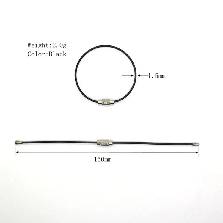 YIWANG Black Stainless Steel Screw Lock Keychain 150MM Wire Cable Key Ring