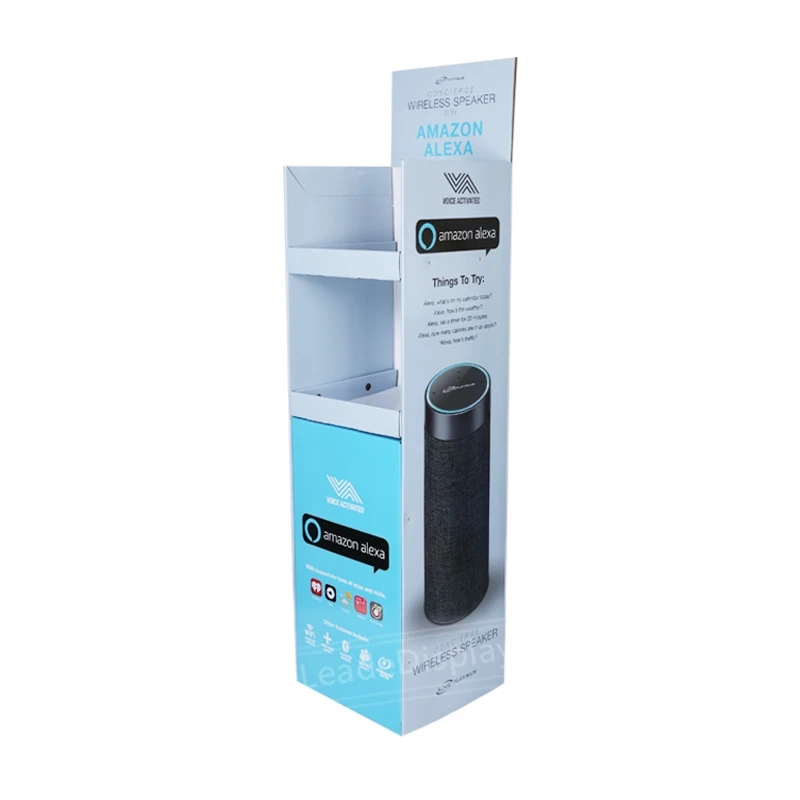 Custom Blue White Product Display Rack Folding Pop Up Paper Corrugated Floor Cardboard Display Stand