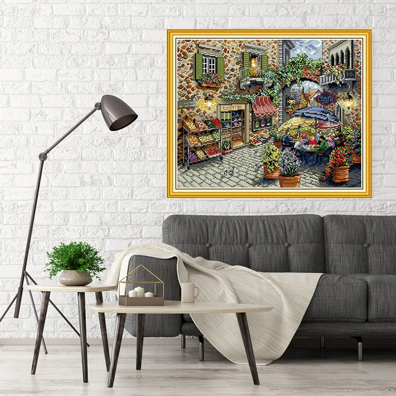 NKF Wholesale Needlework Folk Crafts Aida Cloth Coffee House Printed Cross Stitch Embroidery Set