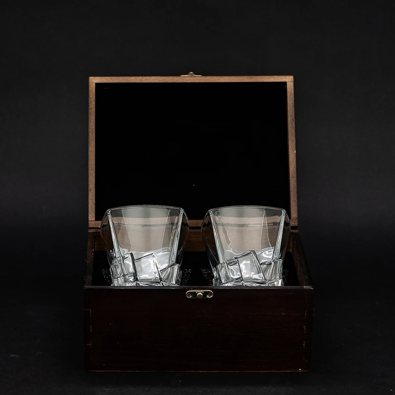 wholesale custom oem crystal rock glasses cup glass whiskey wooden box gift set
