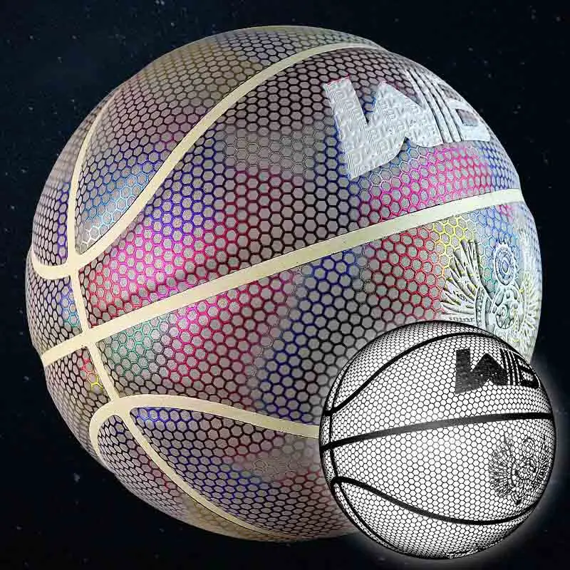 Custom Logo Glowing Holographic Basketball Reflective Shiny Leather Ball on Sale-Glow in the Dark Basketball Personalized Design