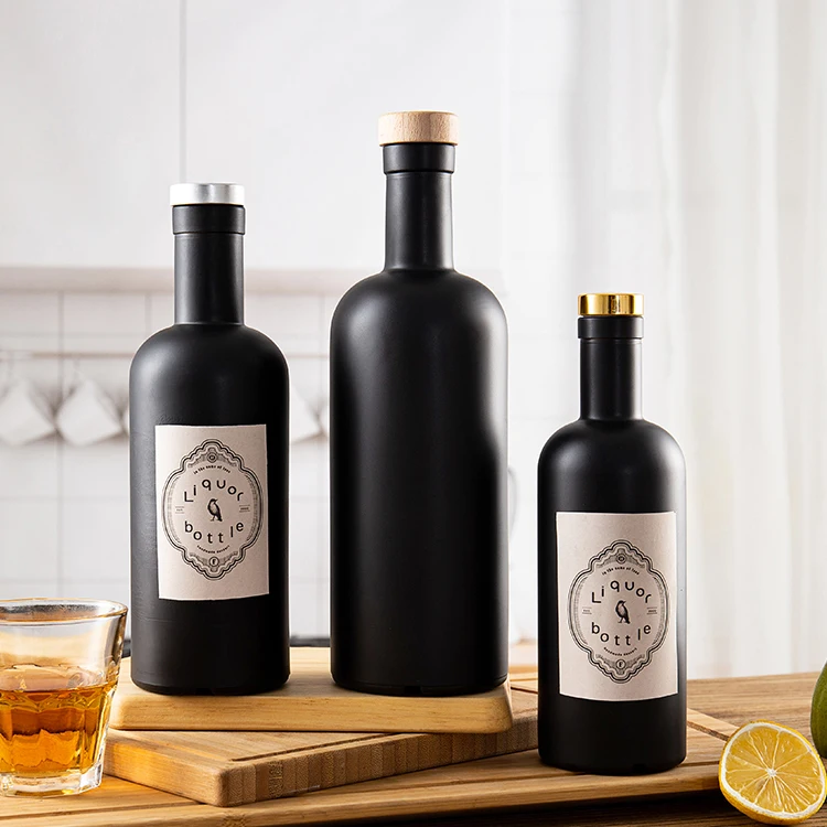Custom Label 375ml 500ml 750ml Matte Black Aspect Liquor Bottle Glass Spirits Bottles with Corks for Whiskey Rum Vodka Wine