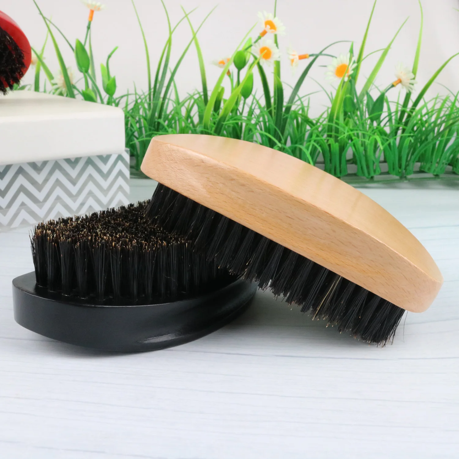 custom Logo Nature 100% boar bristle hair beard brush 360 Wave Curved Wooden Beard Brush Black Hair Brush for Men