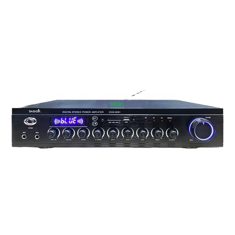 ND81 2.0 channel 160W Mic. echo/delay digital stereo karaoke amplifier with BT/USB/SD/MMC/AUS/FM radio/LED display functions.