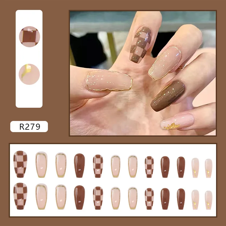 Cute New Middle square colorful classic golden sequins embroider press on nails diamond Polish Acrylic Artificial fingerNails