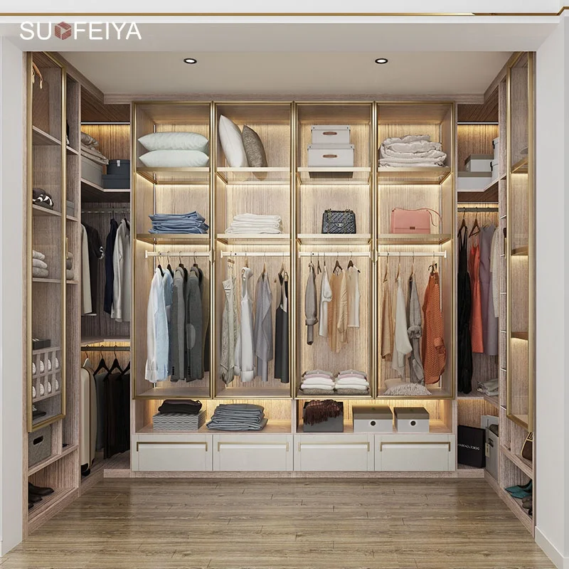 Suofeiya Italian Style Open Cloakroom U Shape Wardrobe Cabinet Metal Glass Door Walk In Wardrobe Clothes Closet