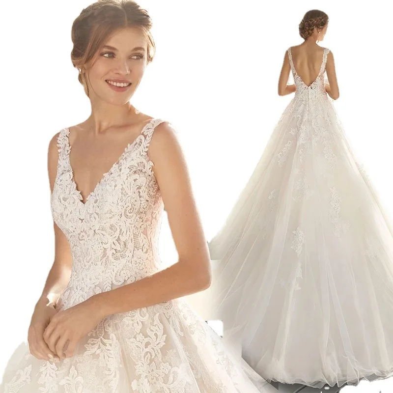 2021 new bride star sky tail deep V-neck wedding dress wholesale white lace mesh sexy backless bridal dress