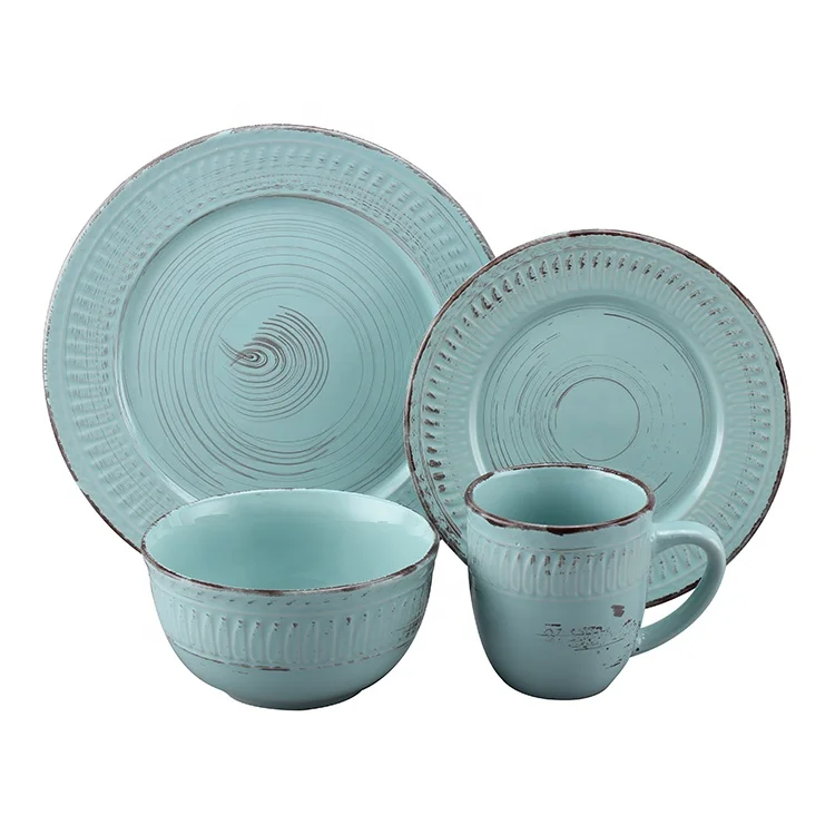 Customized kitchen ceramic plates sets luxury Archaize design brushing embossed Stoneware Dinner Set