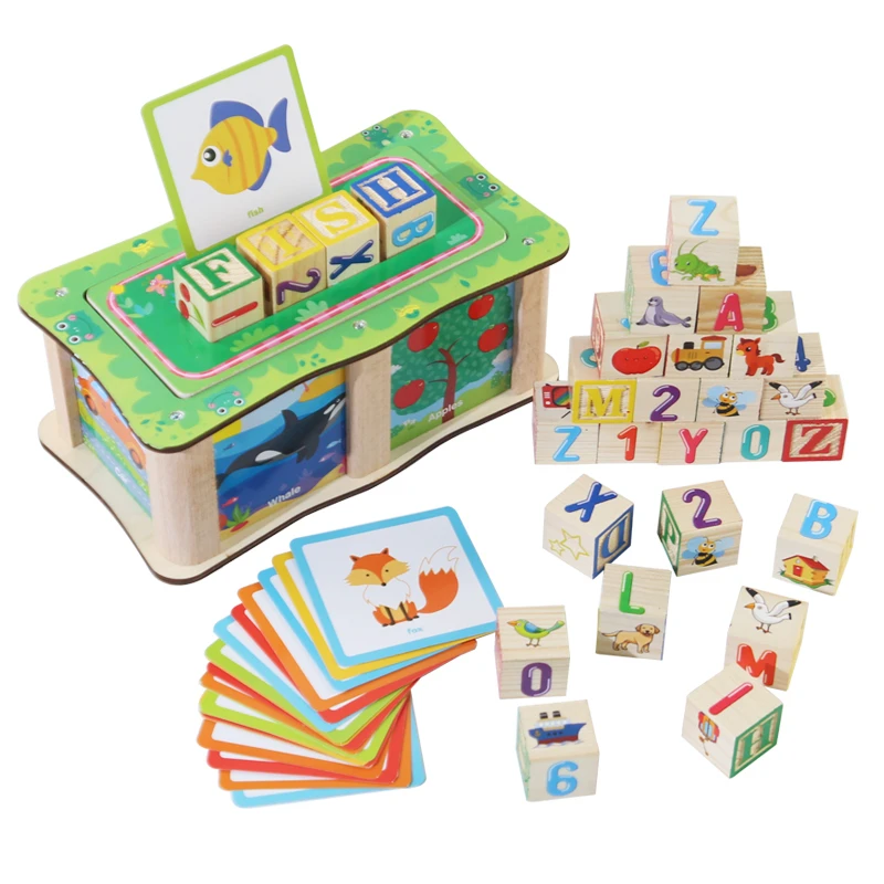 Wood 2024 New Design Unisex Toys Montessori Early Educational Multi-function Building Blocks Spelling Game Matching Box for kids