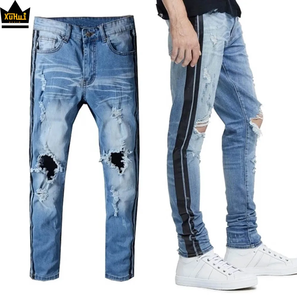 Wholesale 2021 custom design high waist blue jeans men skinny ripped black side pantalones hollow out knee style jeans trousers