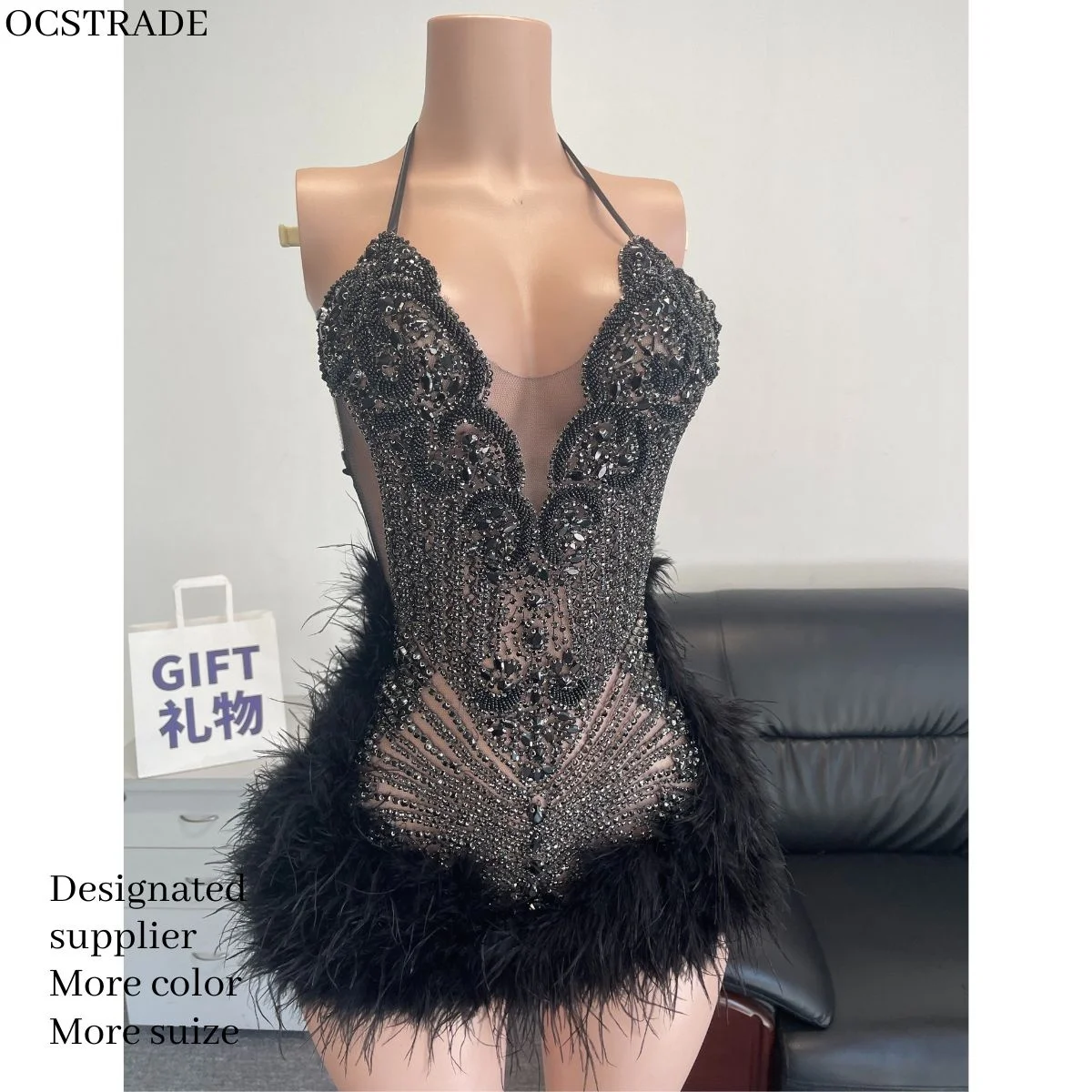 Ocstrade Costumes Women Sexy Performance Wear Black Rhinestone Feather Club Dress Ballroom Dance Dresses Women Adult Competition