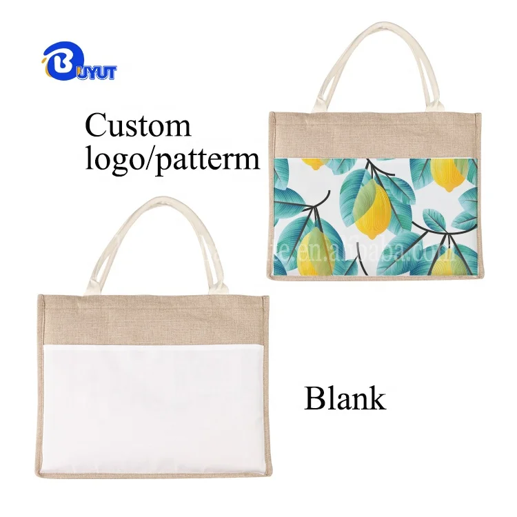 Sublimation logo Jute Foldable Reusable Tote Bag with Canvas Front Pocket Burlap Tote Bags with Handles blank Tote Bag