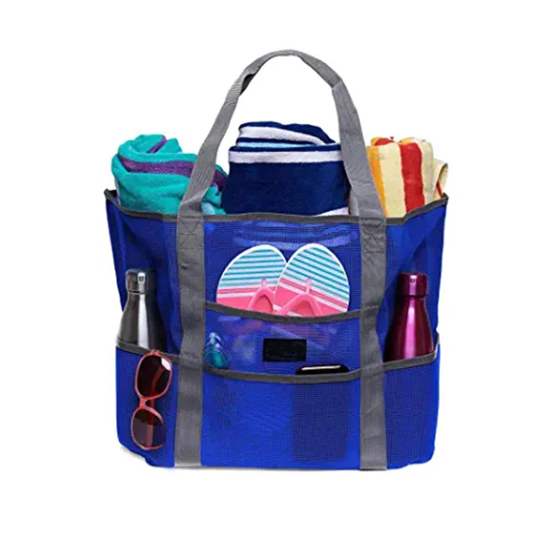 Wholesale 2 in 1 Striped Mesh Beach Tote Bag with Pockets Big for Family Pool