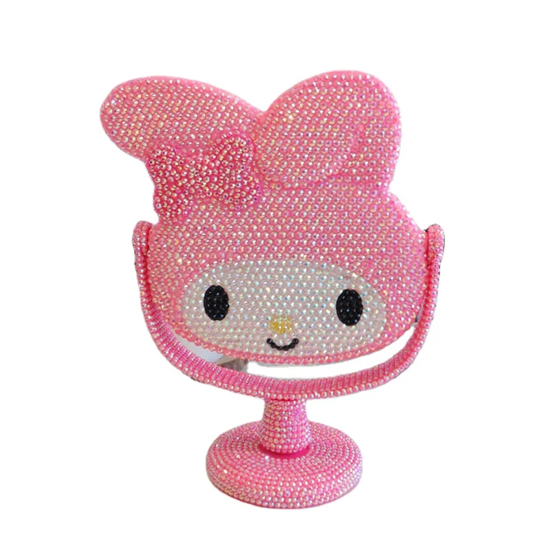 New3 Cartoon Cat Rhinee Beauty Mirror Stick Drill Girl Heart Tablehel Mirror Hello Dressing Kitty Rotating Mirror Pink Silver