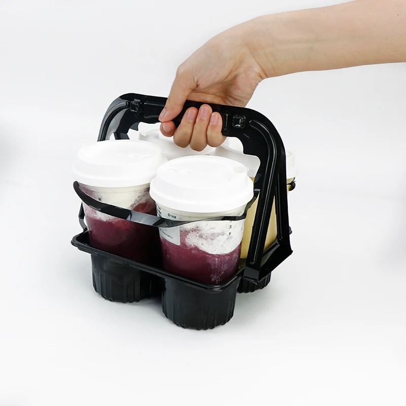 Disposable Drink Carrier Custom PVC Plastic Foldable Take Away Ice Juice Coffee 4 6 Pack Cup Holder Tray With Handle