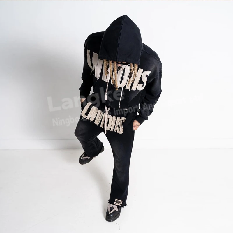 High Quality Tracksuit Manufacturer Men Customize Vintage Cotton Patch Sun Faded Distressed Acid Wash Zip Up Tracksuits for Men