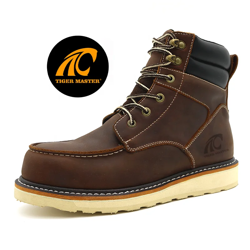 Brown Cow Genuine Leather Oil Acid Resistant Rubber Sole 6 Inch Steel Toe Goodyear Safety Shoes Waterproof