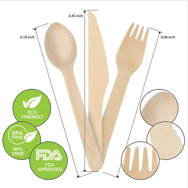 Estick Biodegradable Natural Disposable Wooden Cutlery Set Wood Knife Fork Spoon  Custom Logo Flatware Wooden Cutlery Set