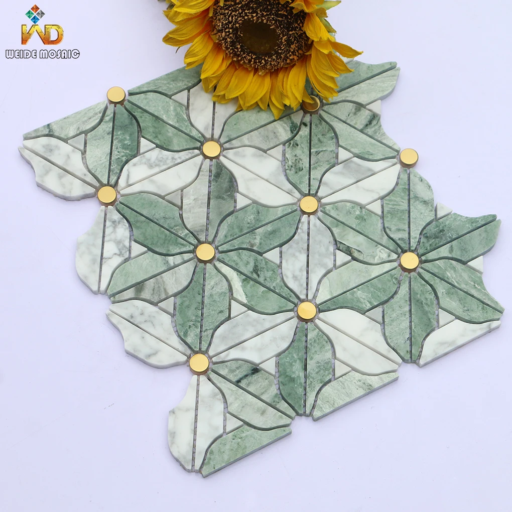 Waterjet  marble mosaic tiles stainless steel sunflower mosaic gold metal green stone mosaic tiles