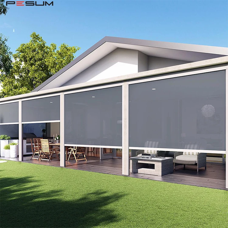 Outdoor Roller Blinds Zip Track Motorized Zip Screen Windproof and Rainproof for Patio or Sun room