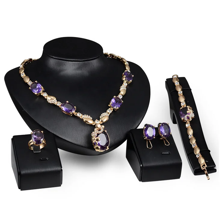 18K Gold plated fashion heavy jewelry sets with purple zirconia necklace ,bracelets ,ring,earrings sets Anniversary party