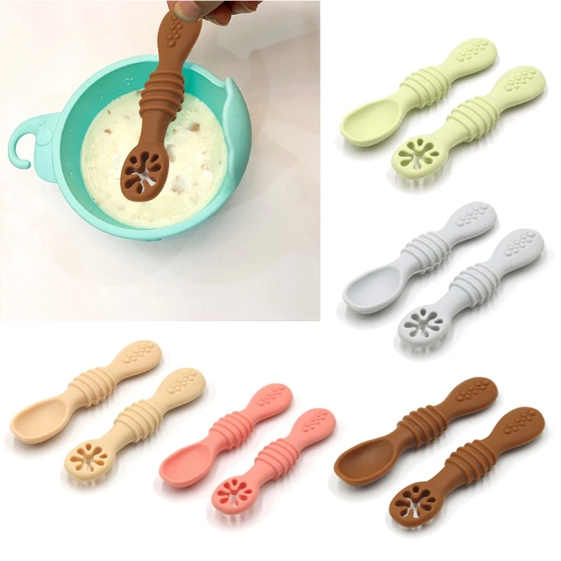 Banana hot selling 2pcs silicone baby pre spoon and spoon set for baby feeding training set