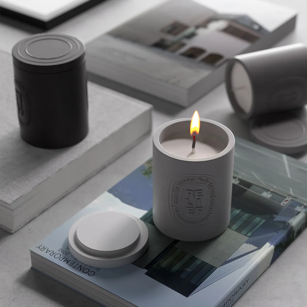 Hot Sale 10oz Custom Embossed Logo Modern Cement Candle Vessels Candle Containers With Lids Luxury