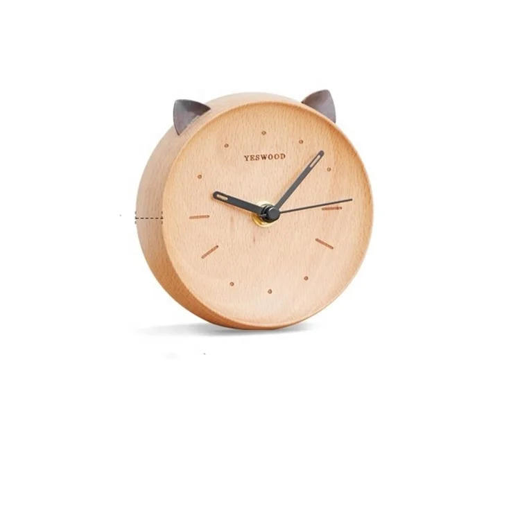 Beech mute clock home bedroom bedside cat shape desktop solid wood alarm clock