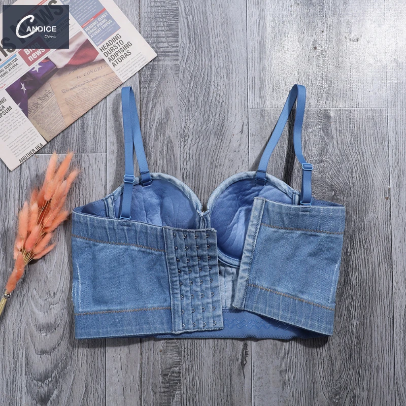 Candice beaded shaping celebrity fashion outerwear stage costumes padded camisole denim rhinestone corset top