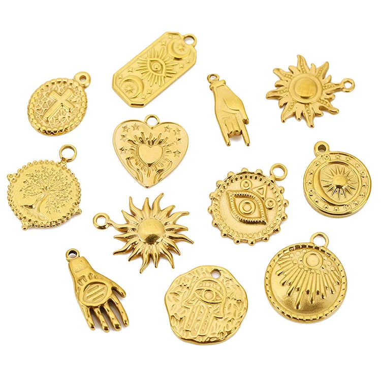 S1213  Vintage 18K Gold Plated Stainless Steel Religious Jewelry Supplies Moon and Sun Evil Eyes Hamsa Hand Disc Charm Pendants