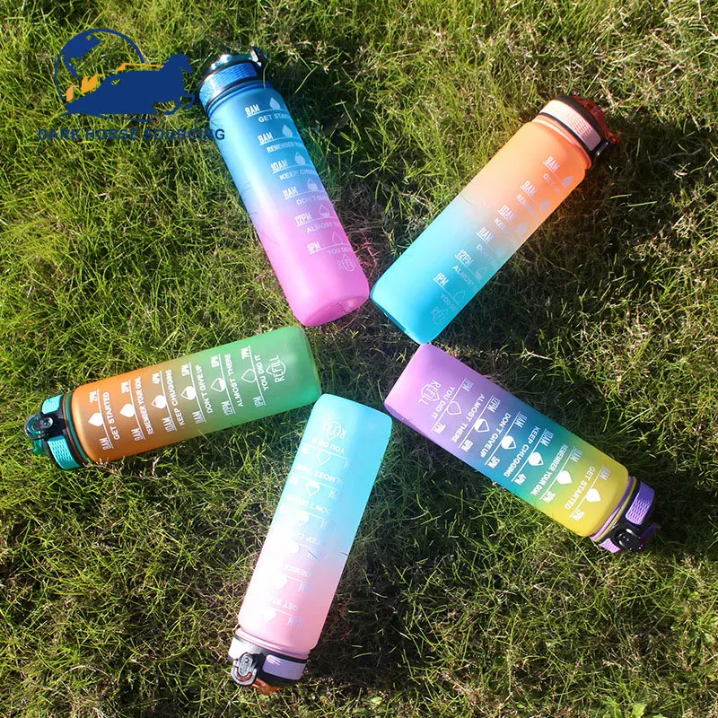 1 Liter BPA Free gradient color Plastic motivational bottle water gym water bottles for sports with straw