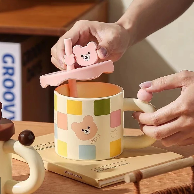 Solhui Cute cartoon bear ceramic coffee mug with straw creative animal water cup