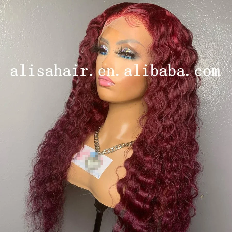 
Mink Brazilian Hair Vendor Alisa Gluless Deep Wave Lace Frontal Wig 99J Burgundy Wig with Baby Hair 