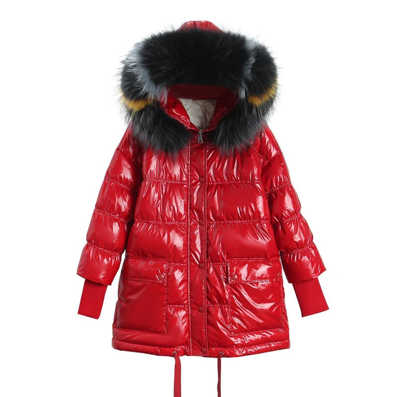 
High End Custom Ladies Glossy Winter Fashion Red Shiny Nylon Women Warm Puffer Down Coats Parka Jacket with colorful faux fur 