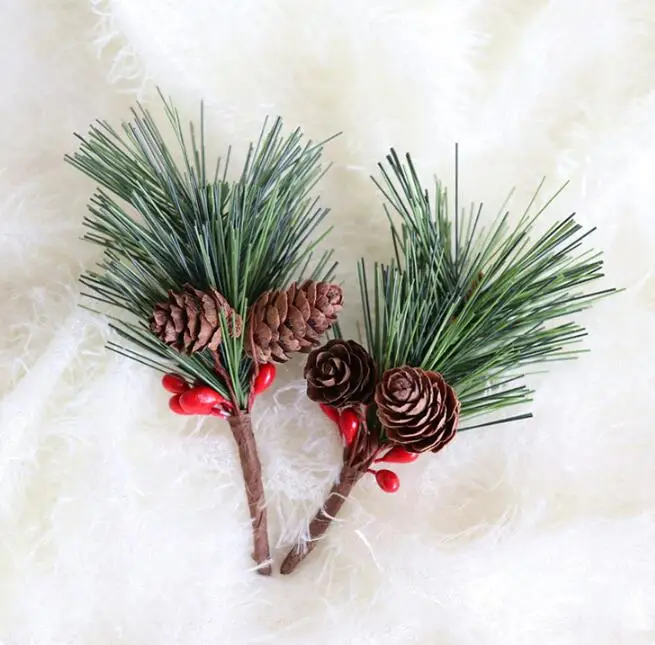 Mini Christmas tree accessories 10cm  artificial branch pineneedle pick pinecone berry for christmas decorations