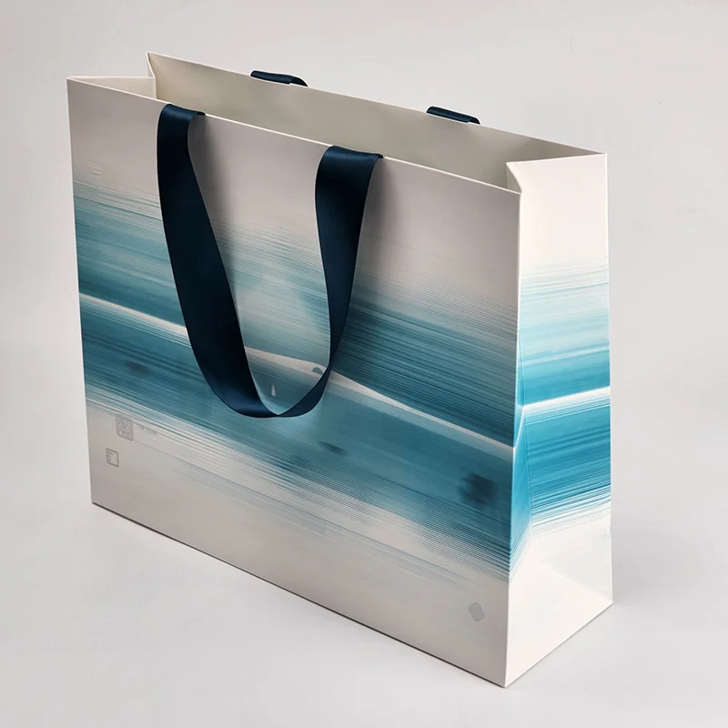 Custom Logo Horizontal Paper Packaging Bags Gift Paper Bag for Jewelry with ribbon handle for boutiques