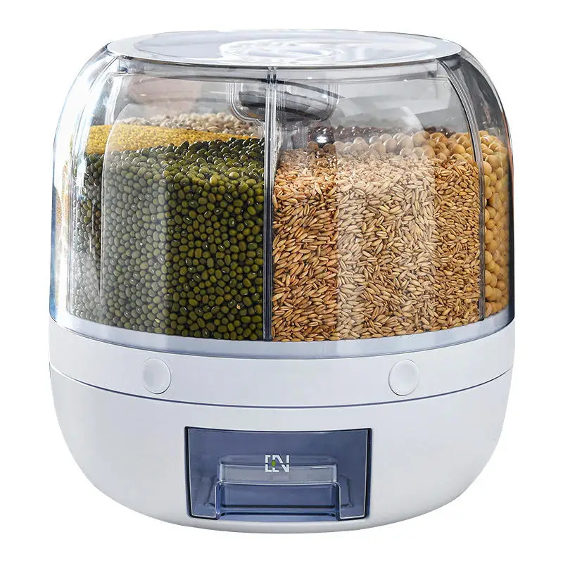 Rice Dispenser Kitchen Moisture-Proof 6-Grid Rotating Food Grain Dispenser Cereal Storage Box Rice Container Dispenser