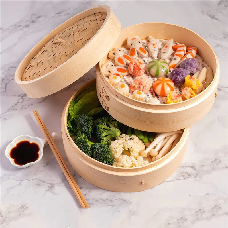 Wood Kitchen Chinese dim sum Bamboo Steamer Basket Food Dumpling Steamer Set with Lid