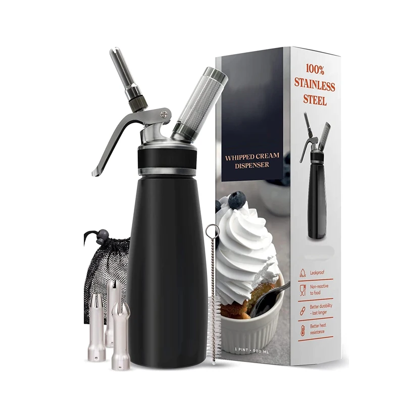 Custom Logo Black Silver 500ml Stainless Steel Whipped Cream Dispenser for Coffee Cake