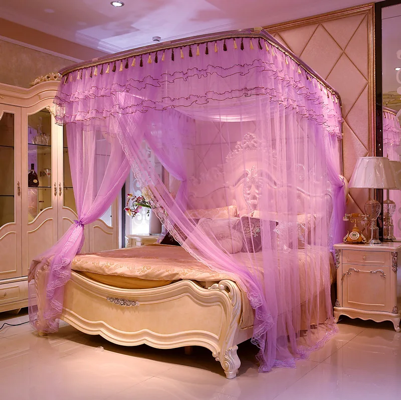 Embroidery Lace Pleated Luxury Mosquito Tent Mesh Square Romantic Princess Queen Size Double Bed Net Canopy Mosquito Net for Bed