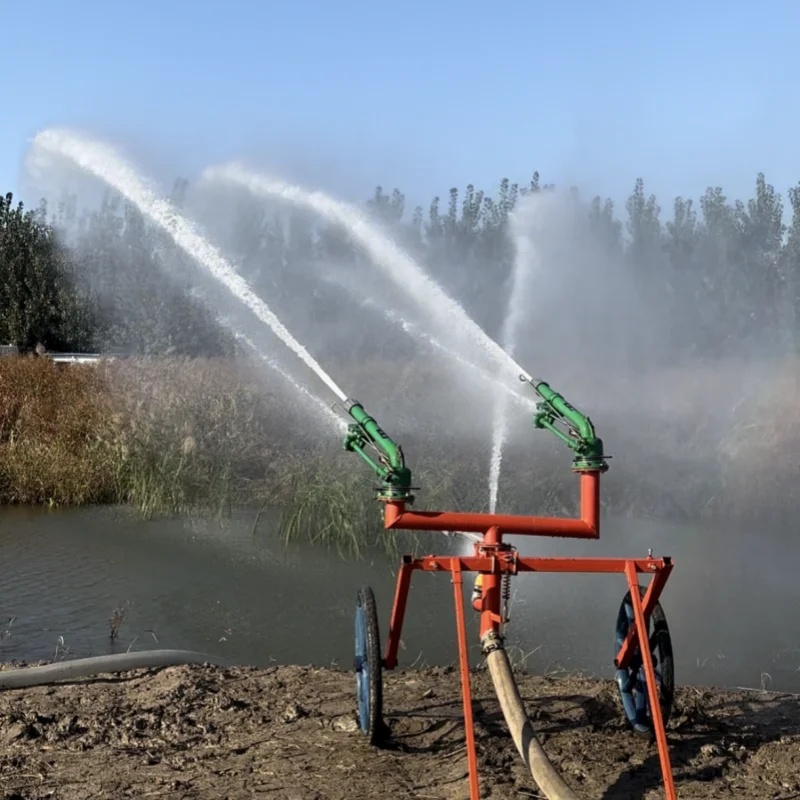 Low price rain gunner cart, movable rotating sprinkler with wheel irrigation nozzle, fully covered large area watering spray gun