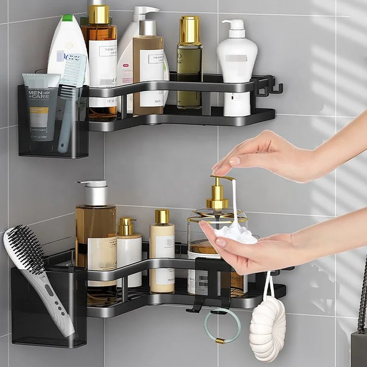 No Drilling Wall Mounted Metal Bathroom Organizer Adhesive Corner Shower Caddy With Plastic Cup