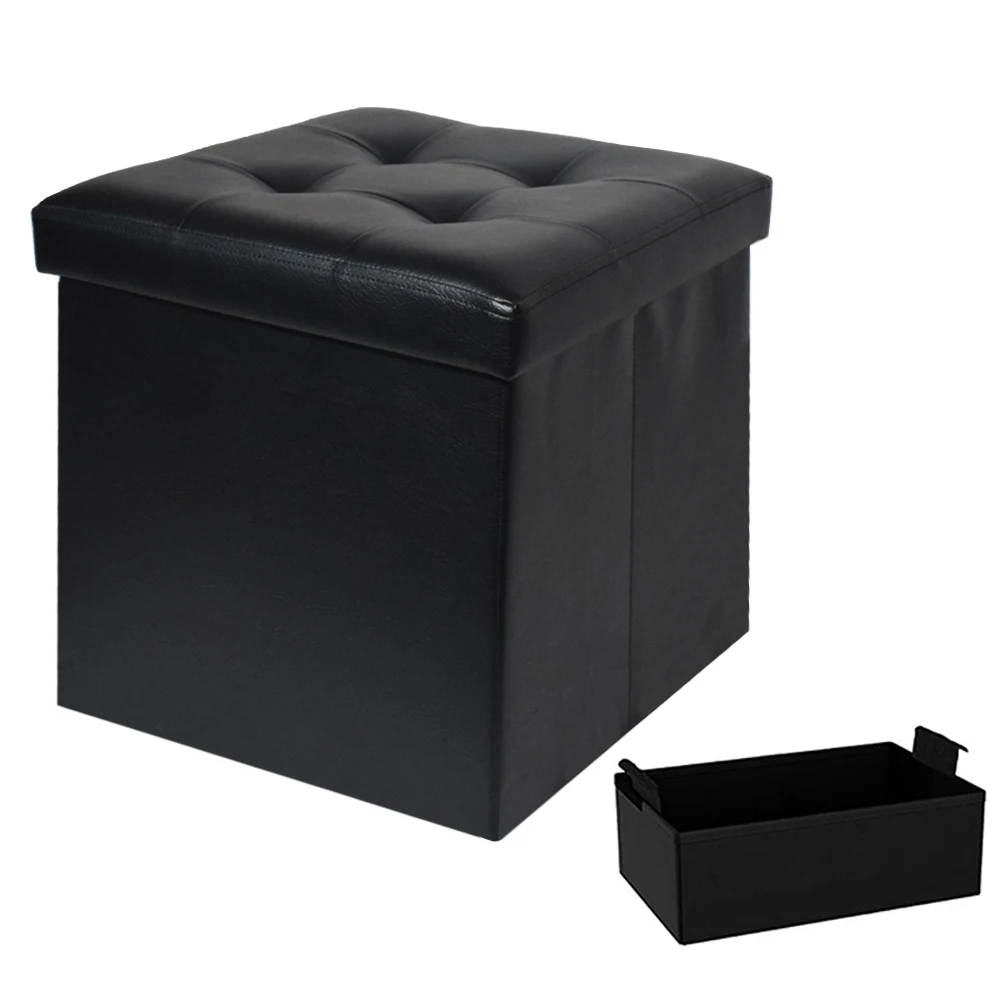 Black Folding Leather Asiento del reposapies del taburete del reposapies del otomano with removable Lid