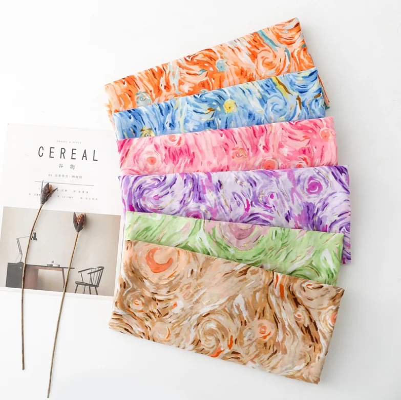 Spring and Summer Cotton and Hemp Feel Scarf Small Fragrant Wind Hot Stamped Dreamy Starry Sky Scarf Warm Shawl for Women