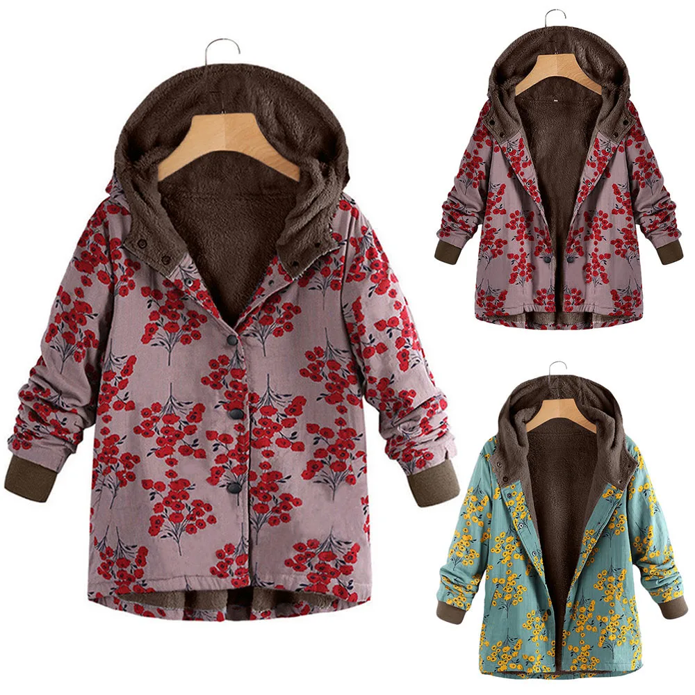 5xl New Women Winter Warm Floral Hooded Jacket Flower Print Hoody Vintage Coats Winter Padded Jacket Women Parkas